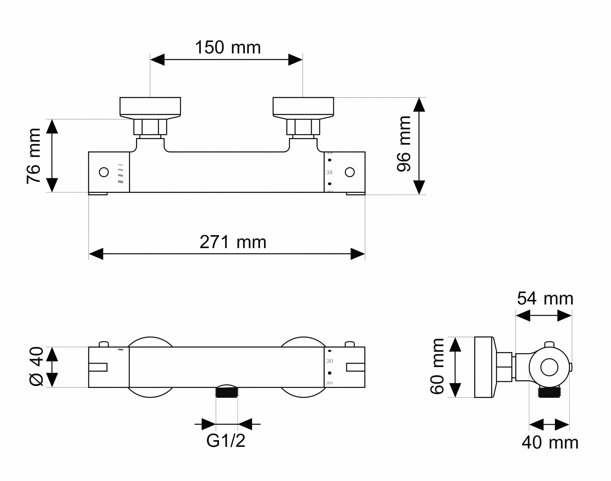 Rysunek techniczny produktu Termostatyczna bateria natryskowa