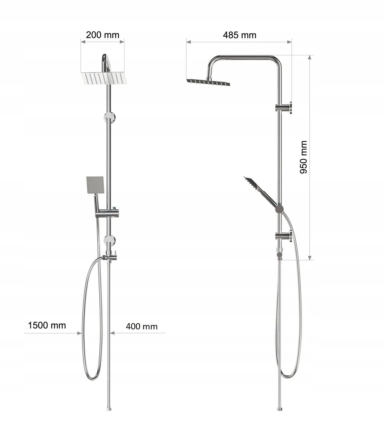 Rysunek techniczny produktu Zestaw natynkowy deszczownica czarny ERIE + bateria VERI