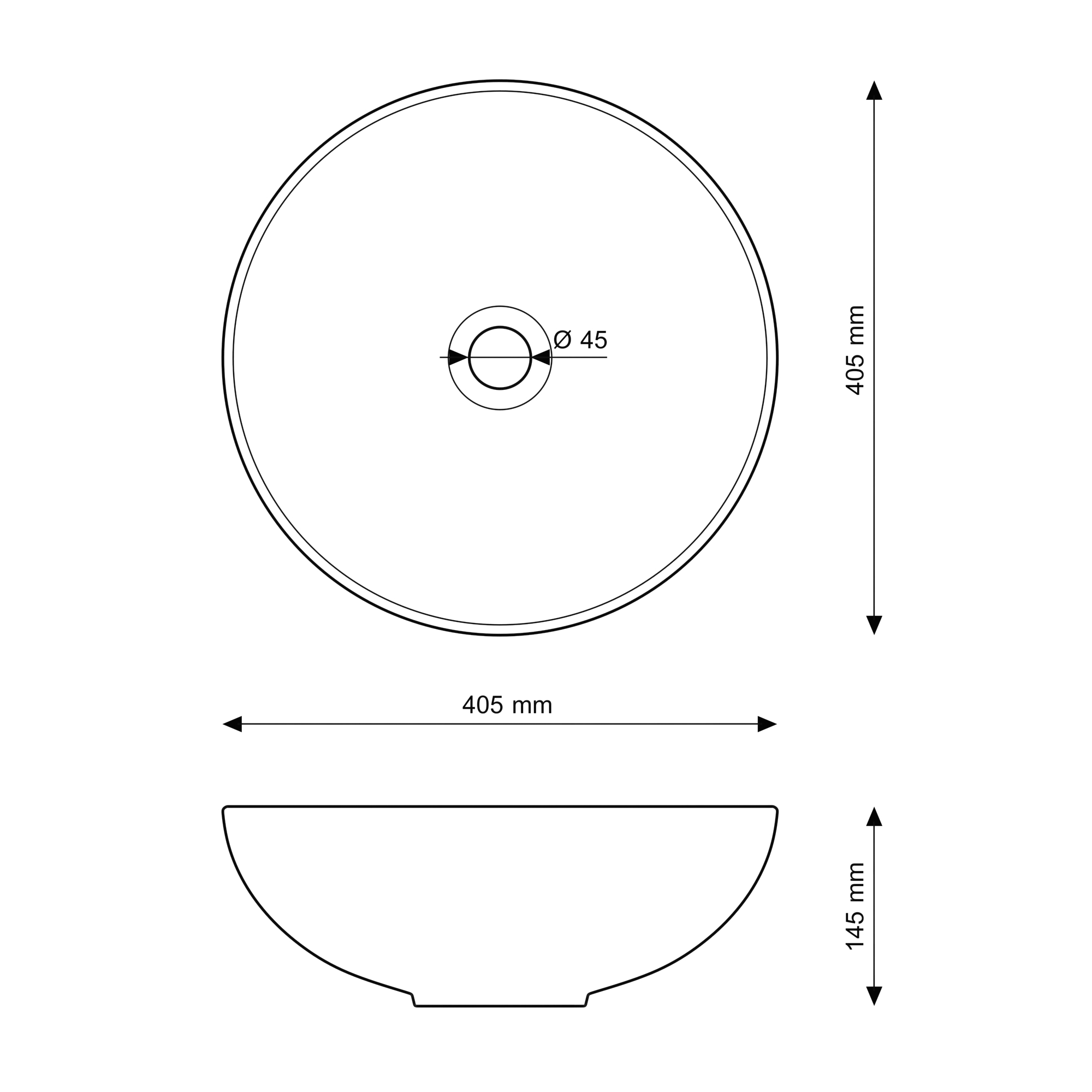 Rysunek techniczny produktu UMYWALKA NABLATOWA OKRĄGŁA BIAŁA CERAMICZNA ŁAZIENKOWA ALBA