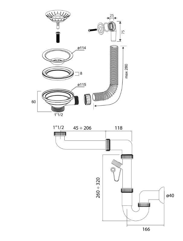 Rysunek techniczny produktu Syfon przyścienny manualny jednokomorowy Power Color silver stone ( szary)