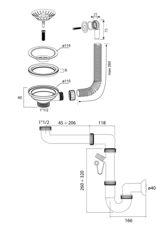 Rysunek techniczny produktu Syfon przyścienny manualny jednokomorowy Power Color river sand ( beżowy)