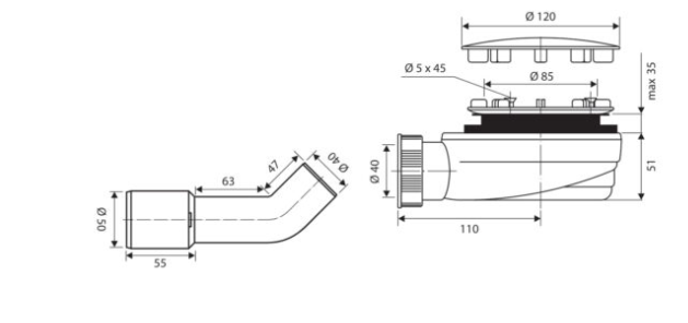 Rysunek techniczny produktu Syfon brodzikowy 90mm niski SB-120