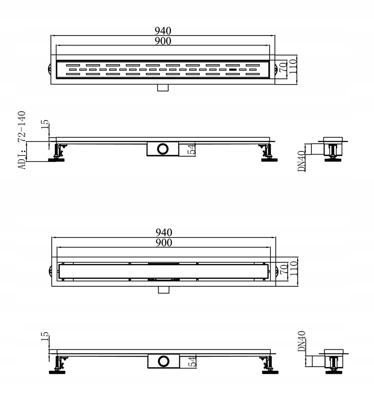 Rysunek techniczny produktu ODPŁYW LINIOWY POD PŁYTKĘ 90 cm STAL 2w1 SYFON PRYSZNIC BRODZIK ENTERO