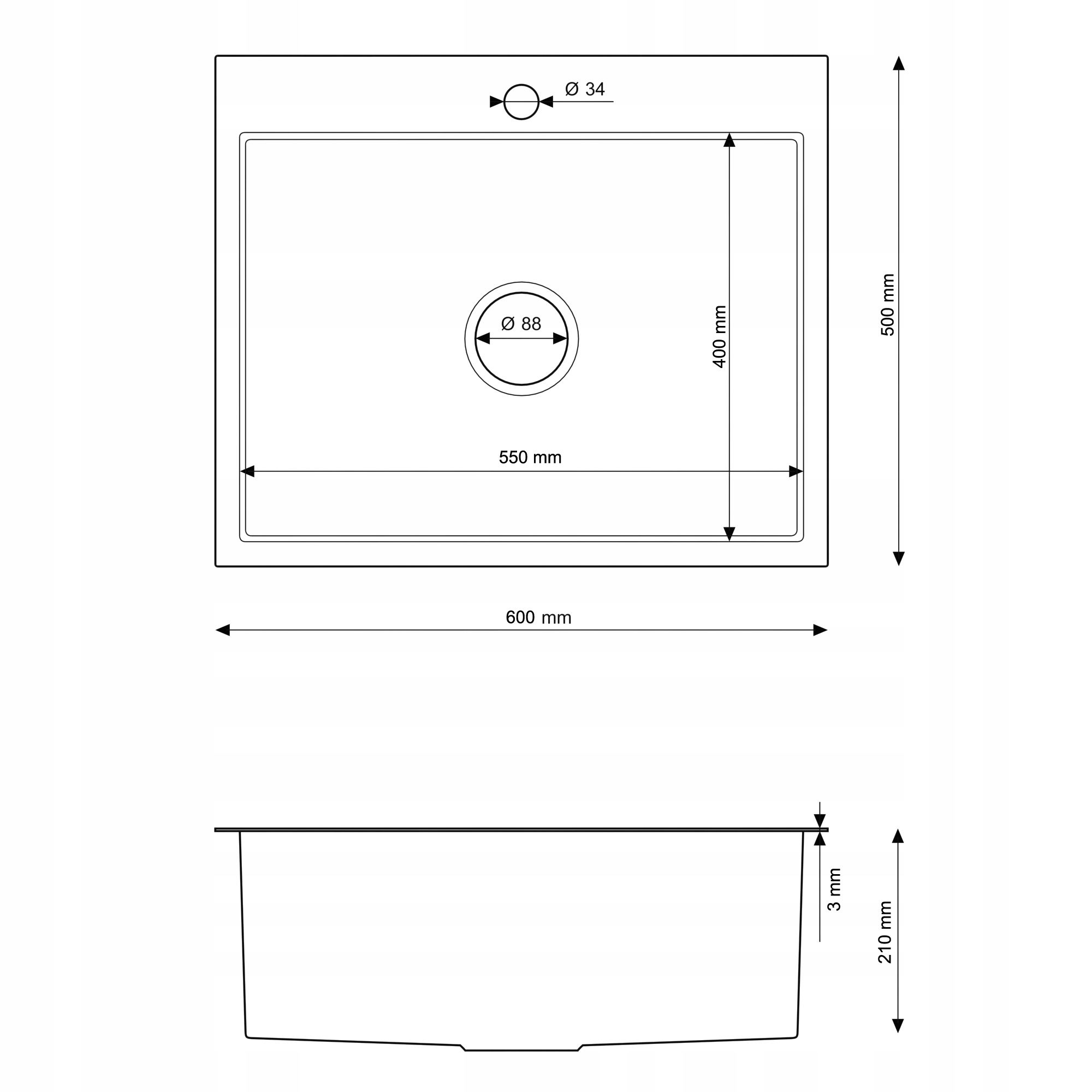 Rysunek techniczny produktu ZLEWOZMYWAK STALOWY SREBRNY JEDNA KOMORA INOX SILVO60