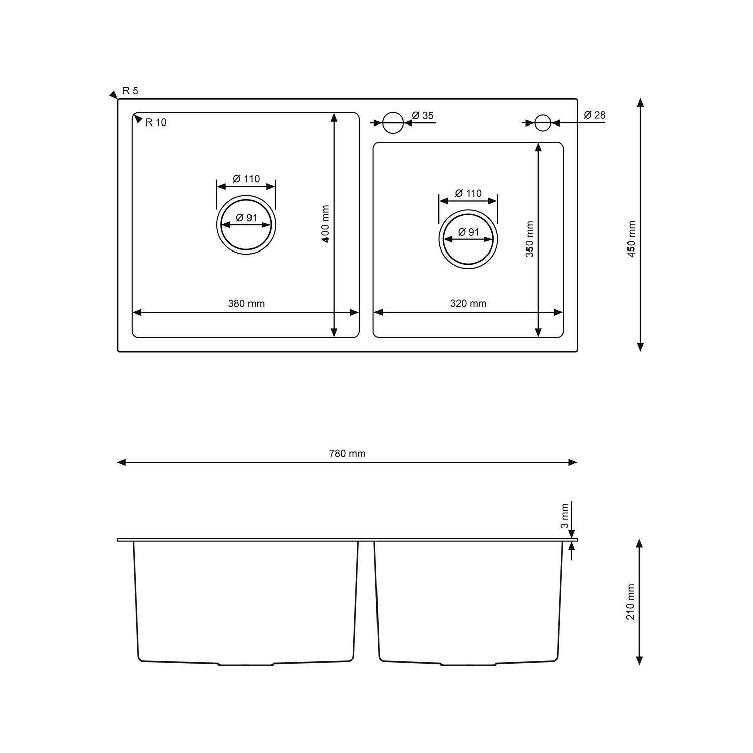 Rysunek techniczny produktu Zlewozmywak stalowy 2-komorowy złoty zlew do kuchni 78x45 cm syfon
