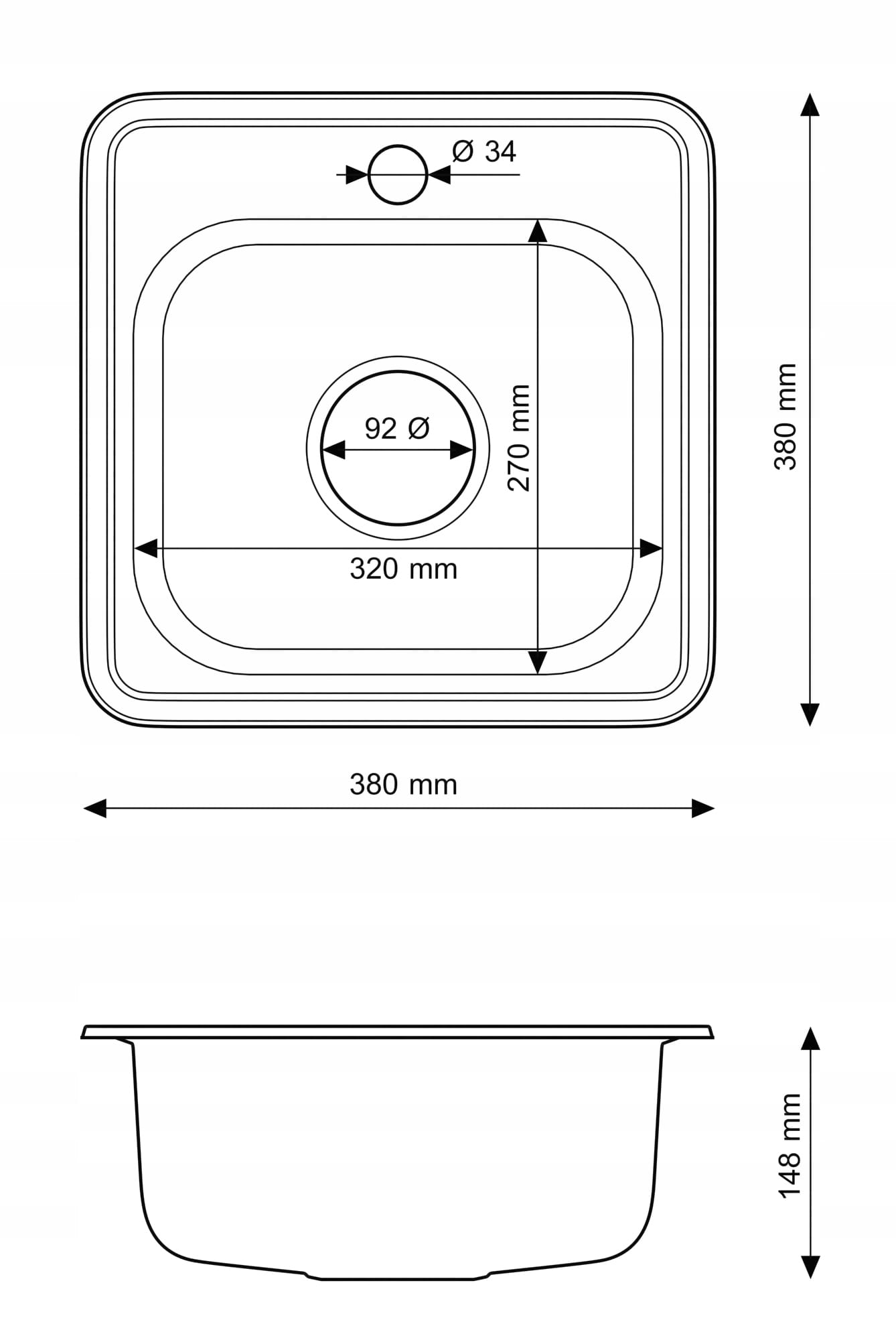 Rysunek techniczny produktu ZLEW STALOWY 1KOMORA MAŁY KWADRATOWY DECOR TURI38