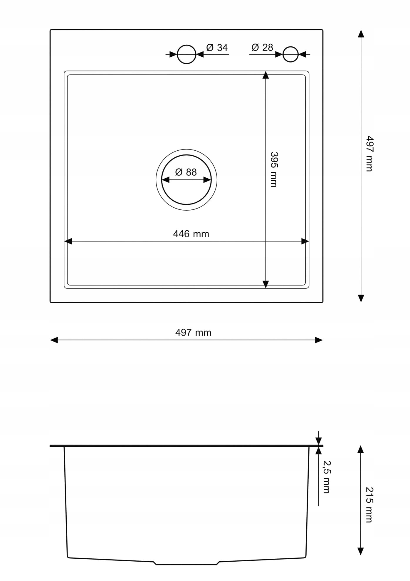 Rysunek techniczny produktu ZLEWOZMYWAK STALOWY 1 KOMOROWY BARI50 50x50 CHROM SYFON