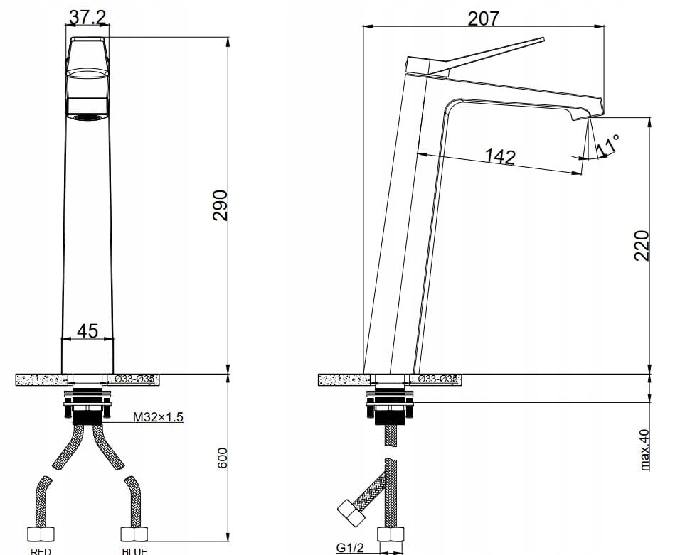 Rysunek techniczny produktu BATERIA UMYWALKOWA CZARNA WYSOKA ŁAZIENKOWA MOSIĘŻNA NOWOCZESNY KRAN SELVA
