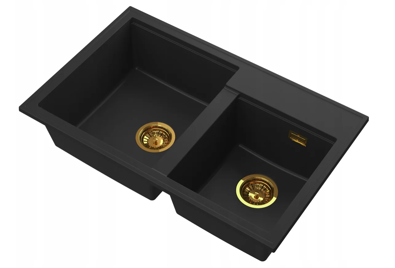Zlew Granitowy Czarny 2Komory Syfon Złoty Hektor