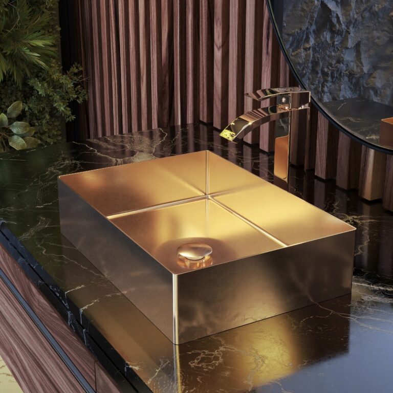 Umywalka stalowa prostokąt nablatowa ROSE GOLD + klik klak LAJA