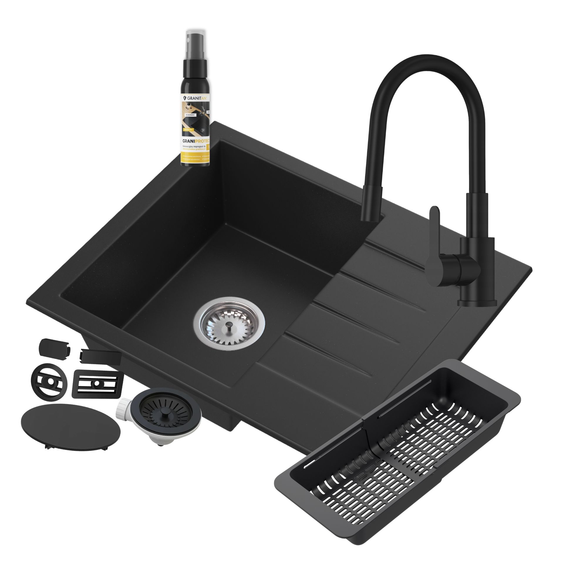 ZLEWOZMYWAK GRANITOWY CZARNY BATERIA KUCHENNA KOSZYK ZAŚLEPKA ZESTAW MILANO ALL IN ONE