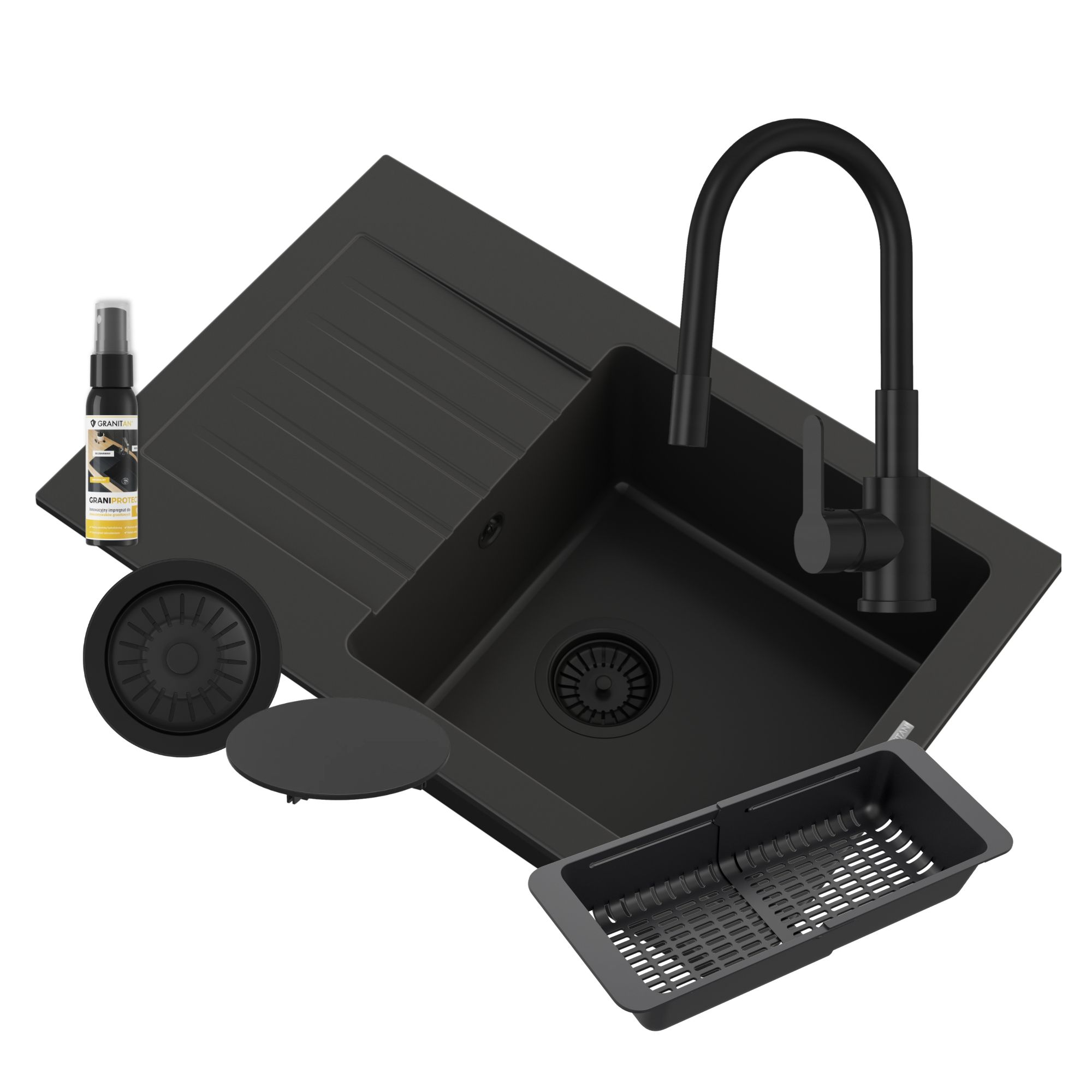 ZLEWOZMYWAK GRANITOWY CZARNY BATERIA KUCHENNA KOSZYK ZAŚLEPKA ZESTAW MINO ALL IN ONE