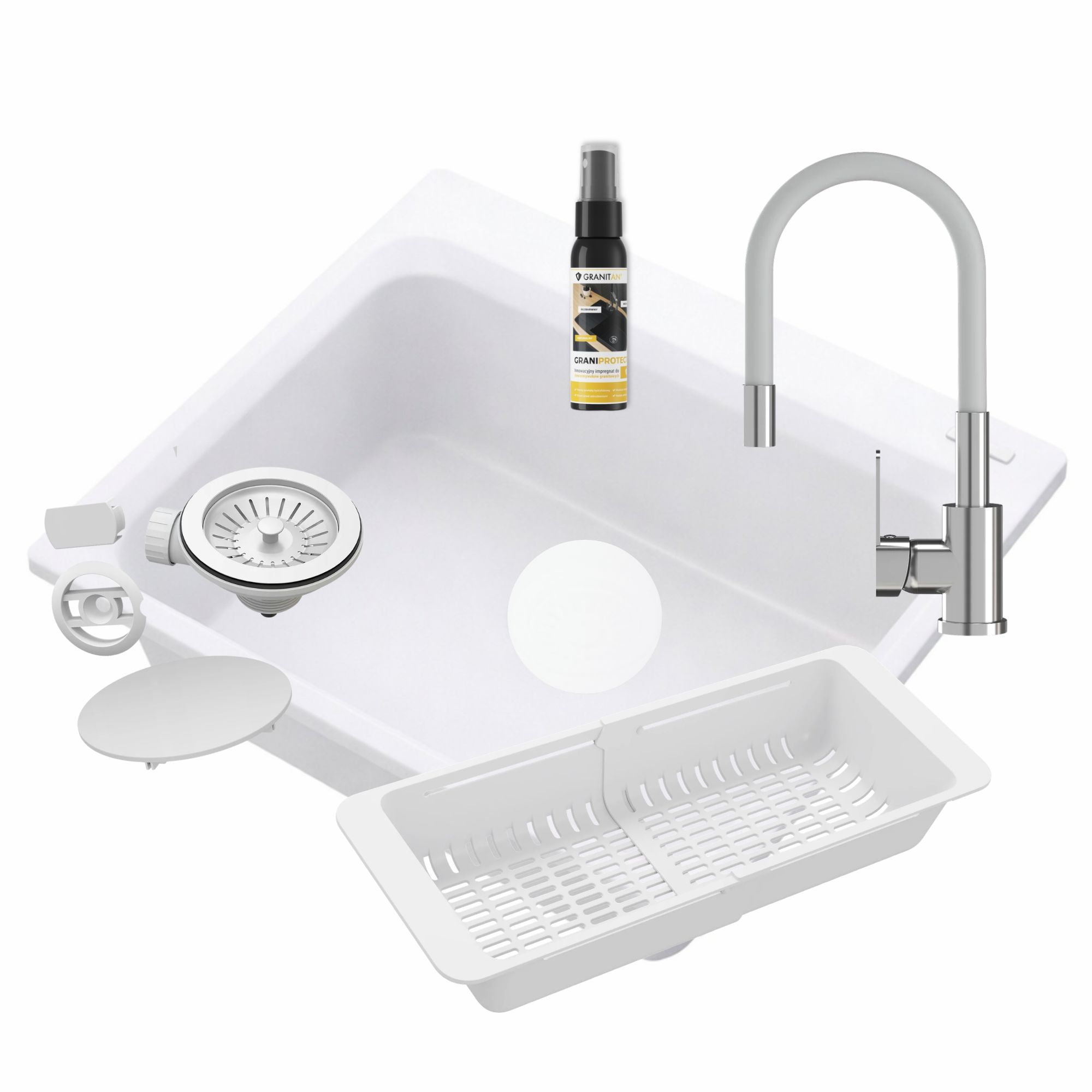 ZLEWOZMYWAK GRANITOWY BIAŁY BATERIA KUCHENNA KOSZYK ZAŚLEPKA ZESTAW ZANTE ALL IN ONE