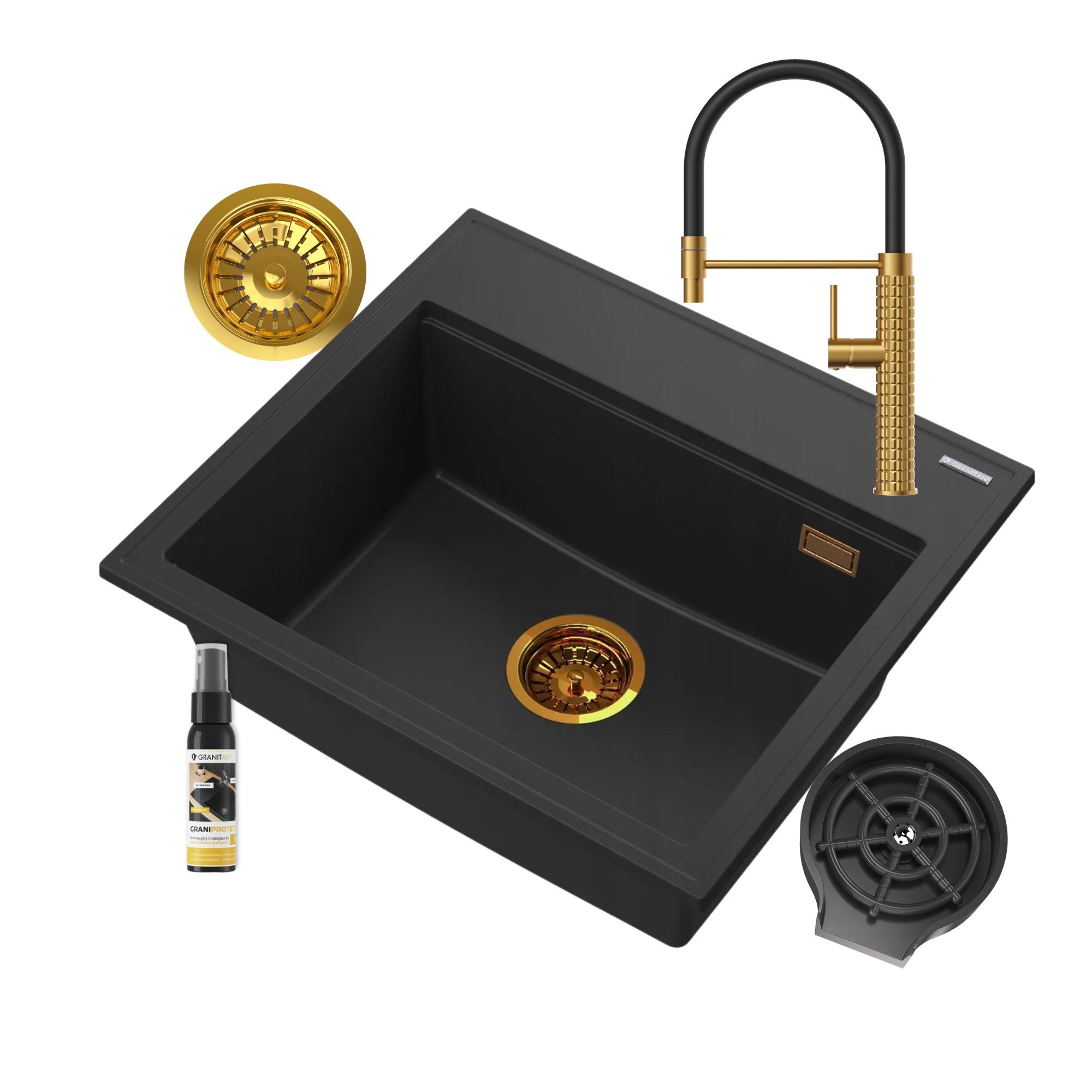 ZESTAW GRANITOWY CZARNY KRAN KUCHENNY ZŁOTY MYJKA SYFON FOXAL ALL IN ONE