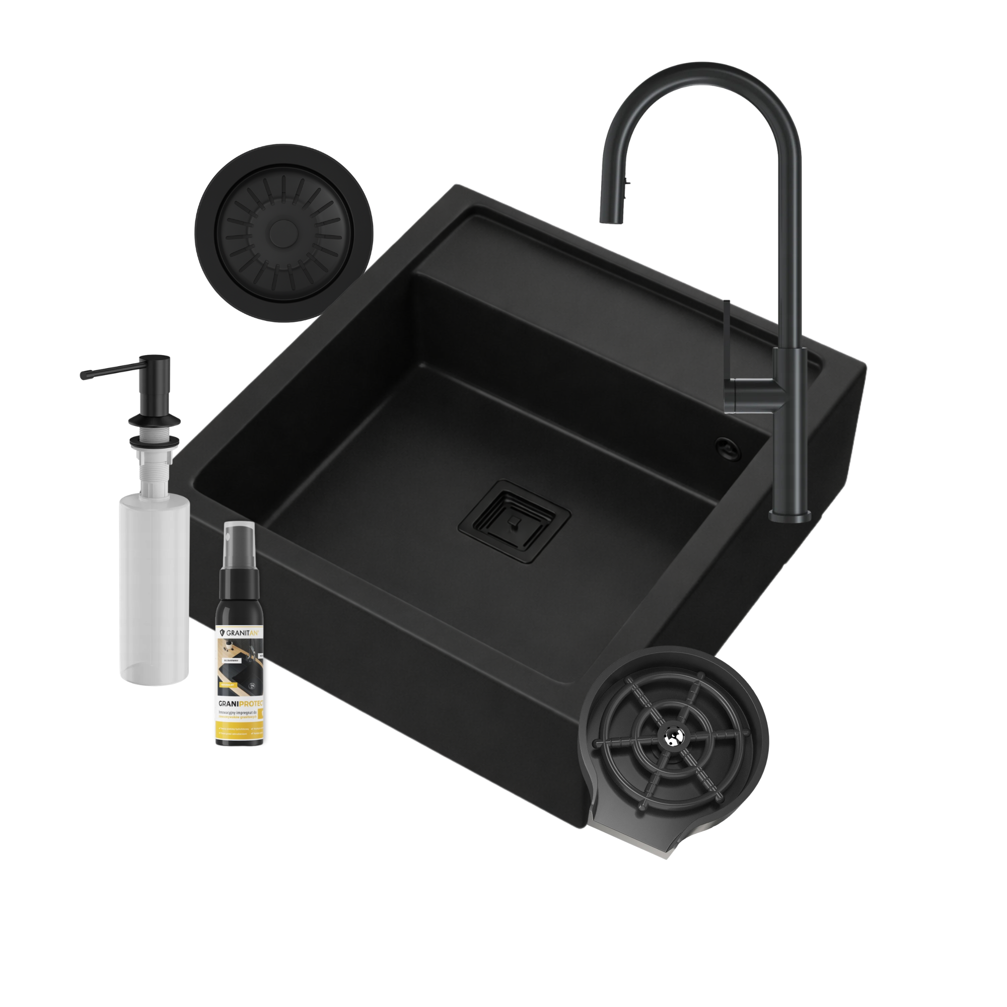ZESTAW ZLEW GRANITOWY SKANDYNAWSKI FARMERSKI CZARNY KRAN DOZOWNIK MYJKA ZESTAW