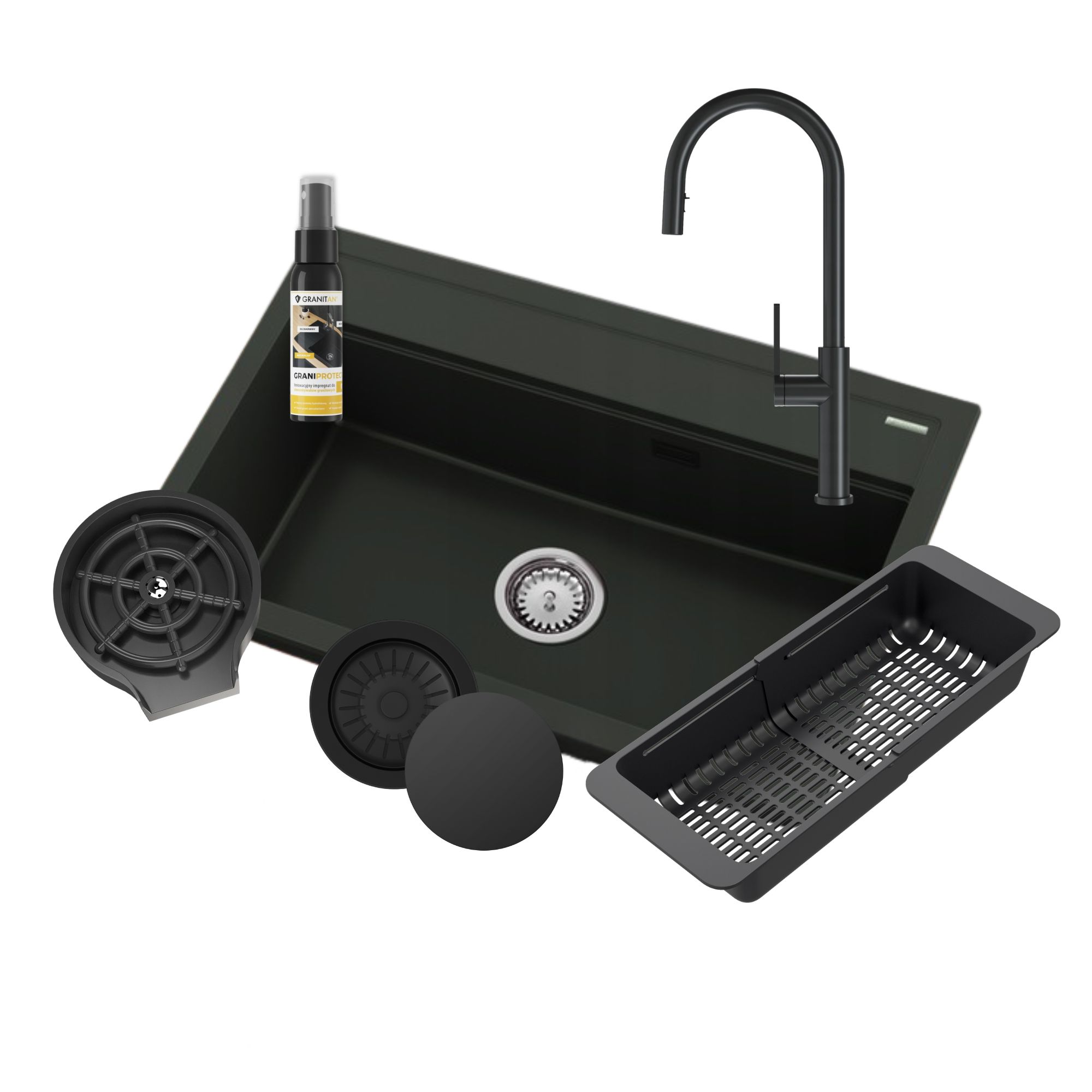 ZESTAW ZLEW GRANITOWY CZARNY DUŻY KRAN OCIEKARKA MYJKA MASKOWNICA ZESTAW ASTI