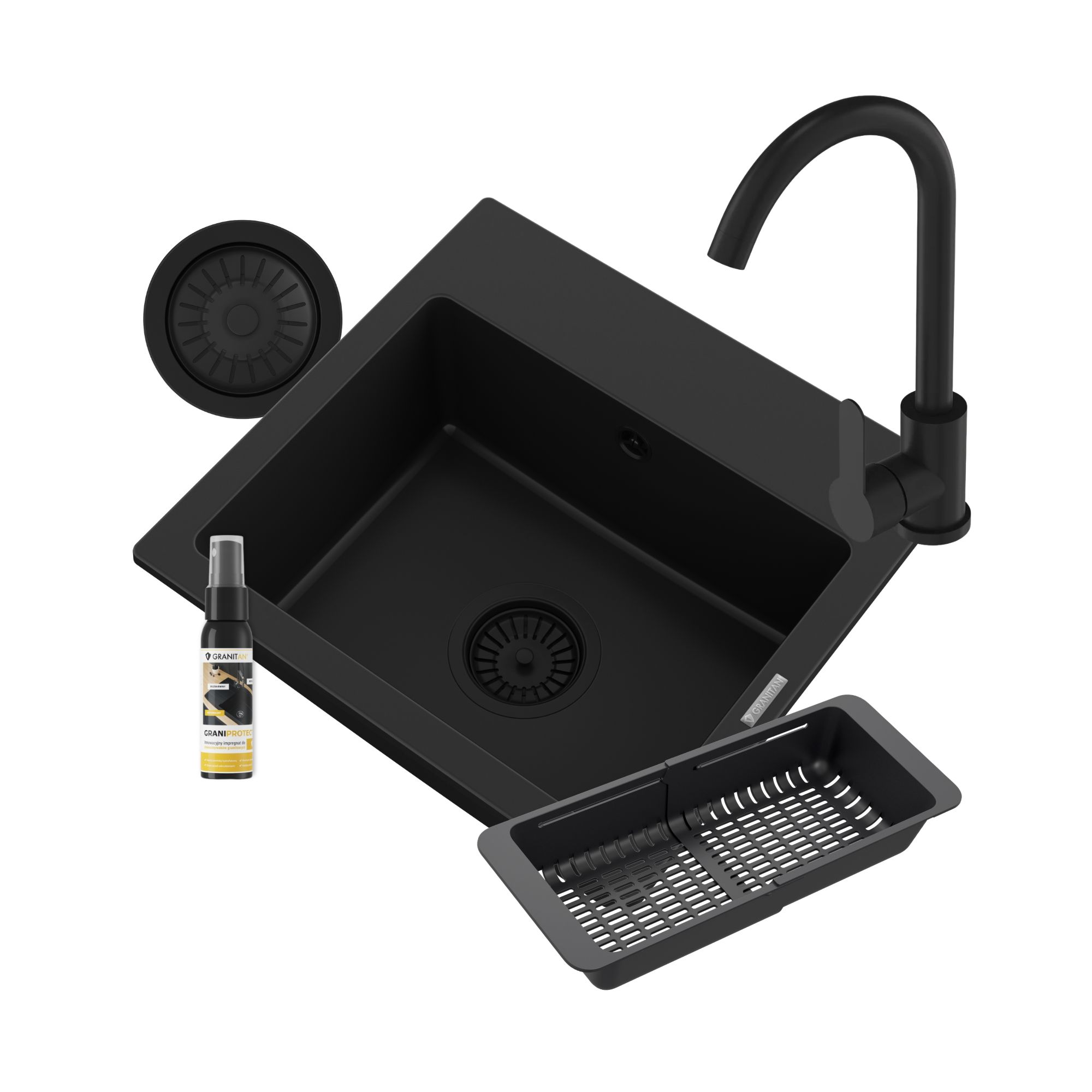 ZESTAW ZLEW GRANITOWY CZARNY BATERIA KUCHENNA KOSZYK SYFON CZARNY GRANITAN TEOR