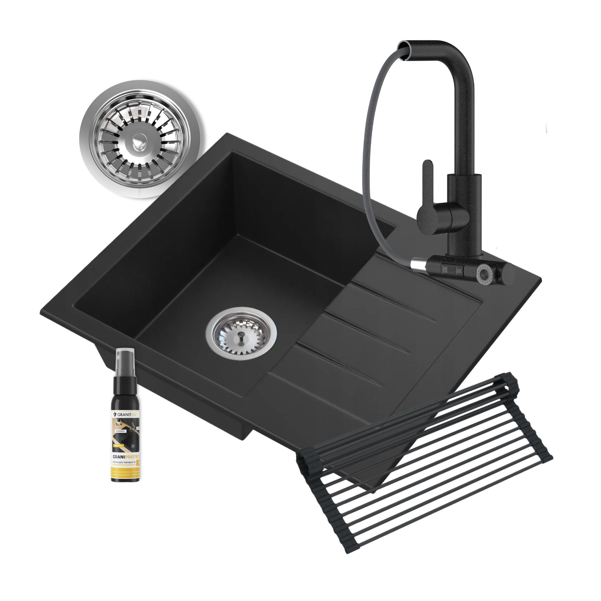 ZESTAW GRANITOWY CZARNY KRAN KUCHENNY MATA SYFON ZESTAW MILANO