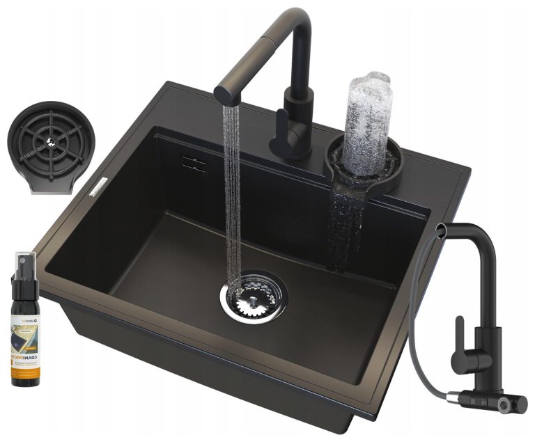 ZLEW-GRANITOWY-CZARNY-JEDNOKOMOROWY-KRAN-KUCHENNY-MYJKA-SYFON-ZESTAW-FOXAL