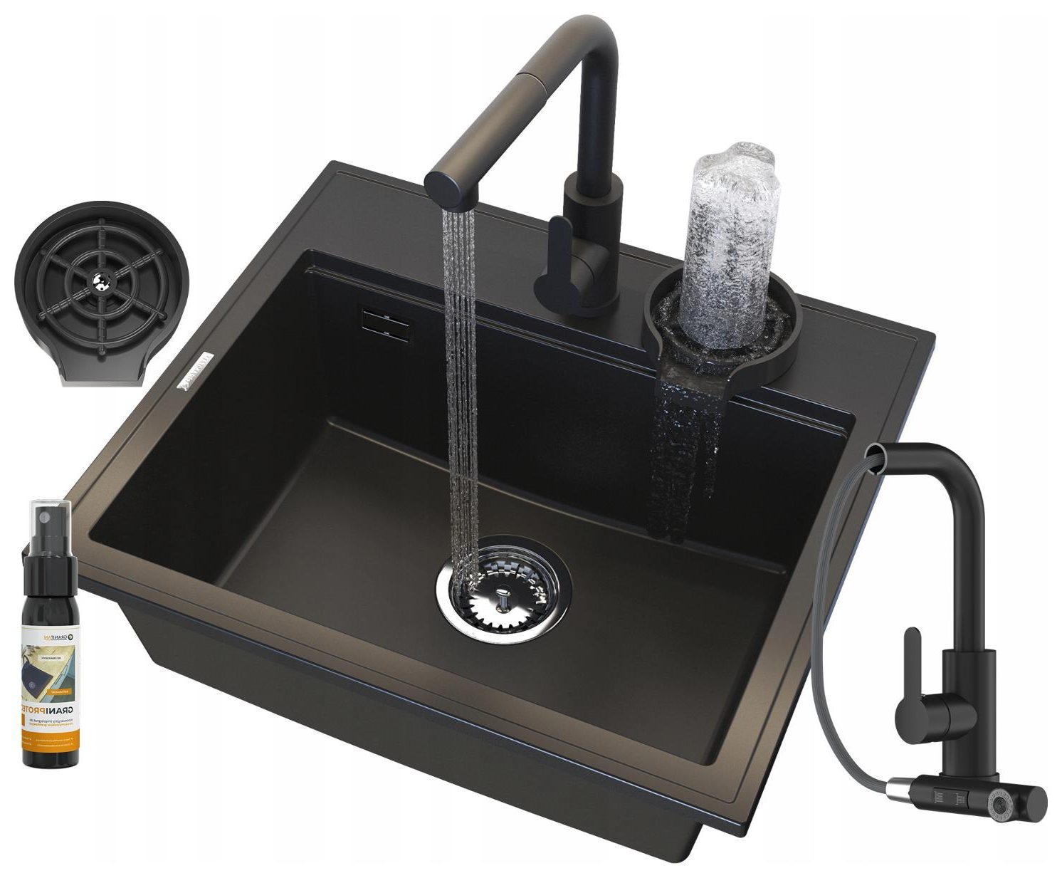 ZESTAW  jednokomorowy GRANITOWY czarny MYJKA do szklanek BATERIA FOXAL