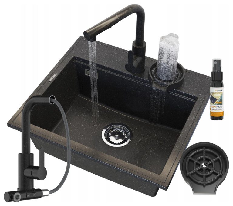 ZLEWOZMYWAK-jednokomorowy-GRANITOWY-czarny-MYJKA-do-szklanek-BATERIA-FOXAL