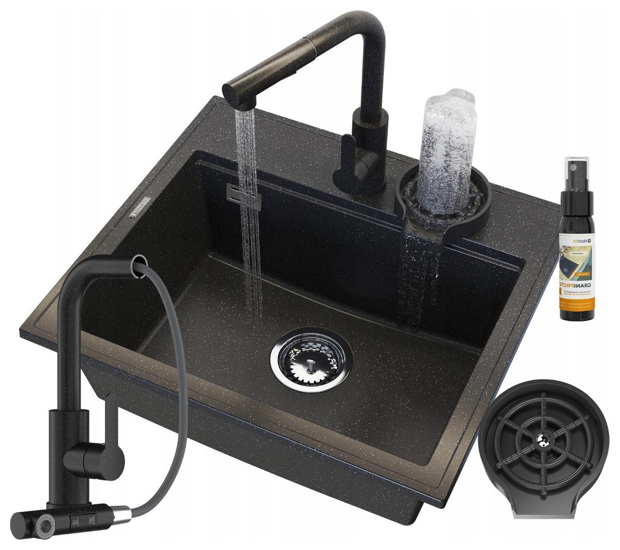 ZESTAW  jednokomorowy GRANITOWY czarny nakrapiany MYJKA do szklanek BATERIA FOXAL