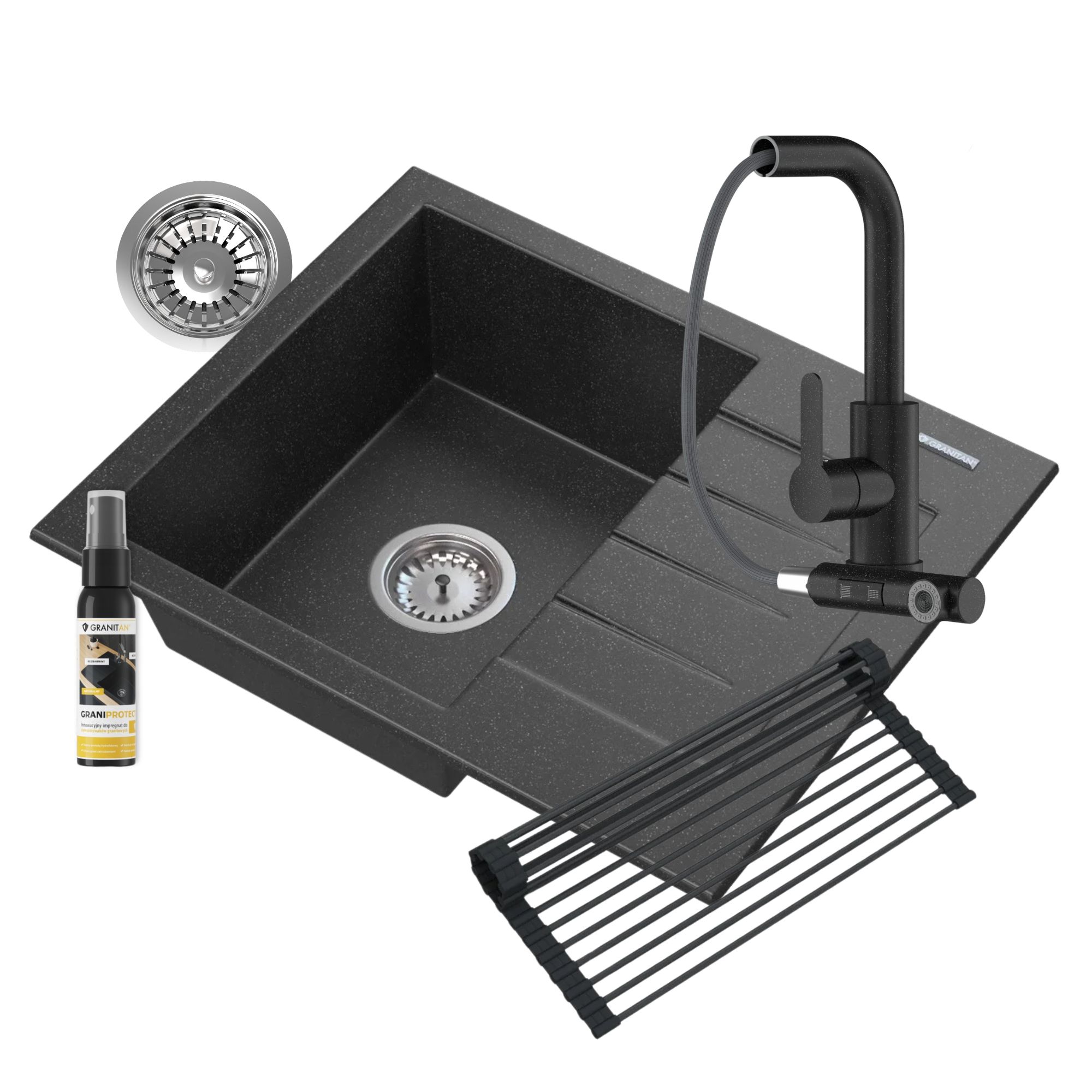 ZESTAW GRANITOWY CZARNY NAKRAPIANY KRAN KUCHENNY MATA SYFON ZESTAW MILANO