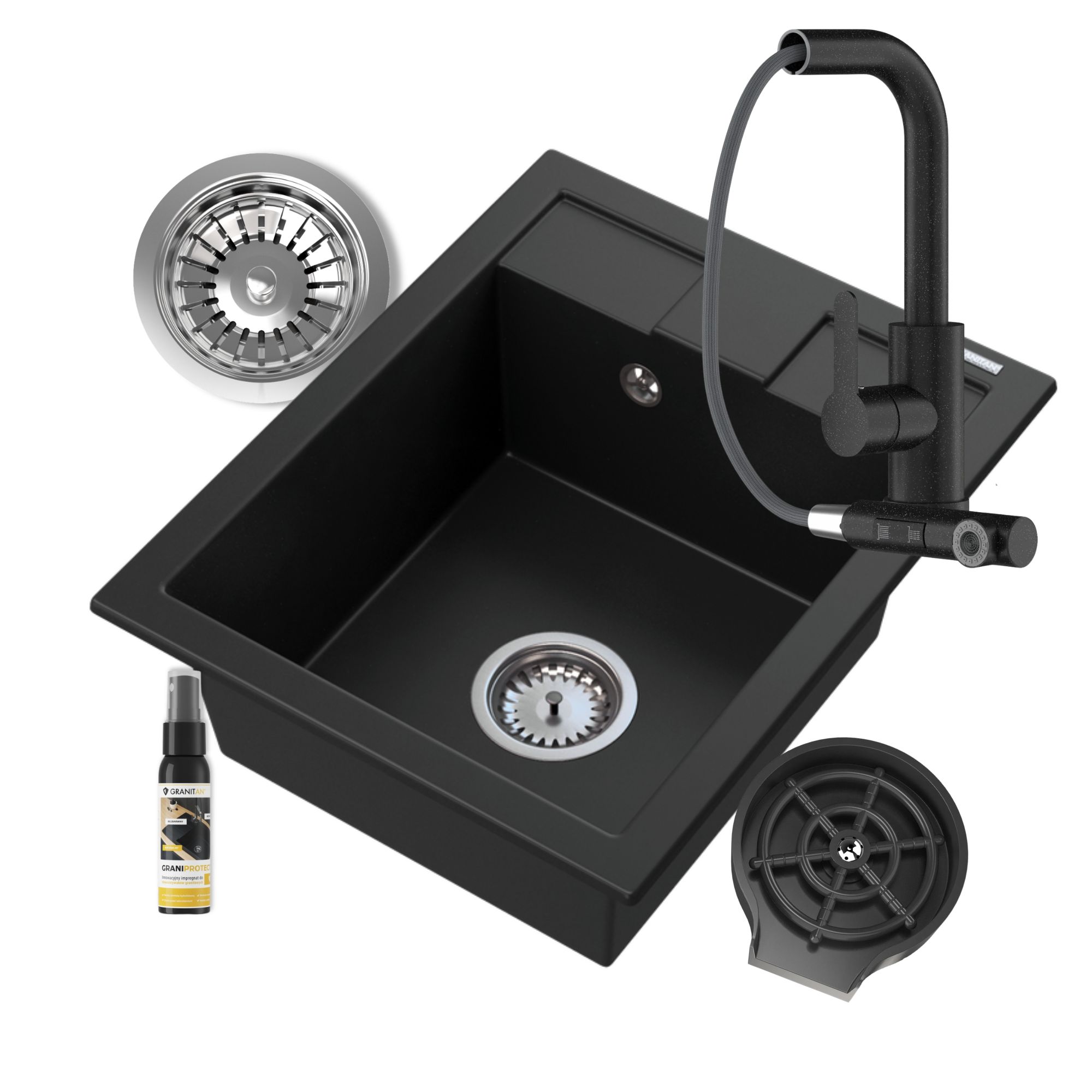 ZESTAW GRANITOWY CZARNY BATERIA KUCHENNA MYJKA SYFON ZESTAW BEST