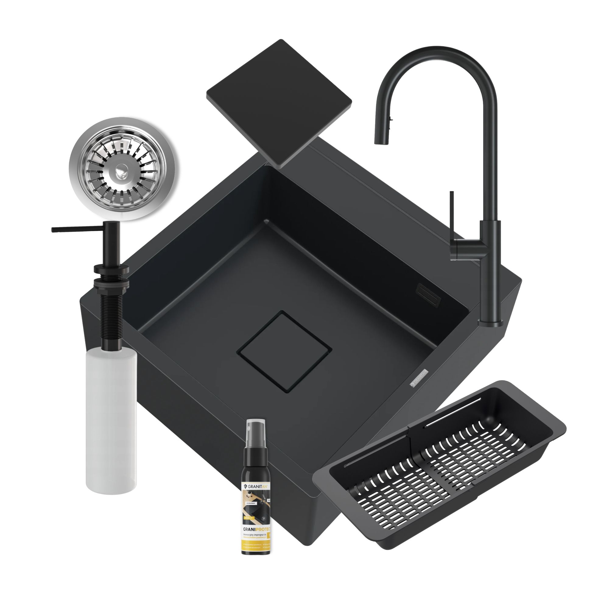 ZESTAW GRANITOWY SKANDYNAWSKI FARMERSKI CZARNY KRAN DOZOWNIK OCIEKARKA TAVO