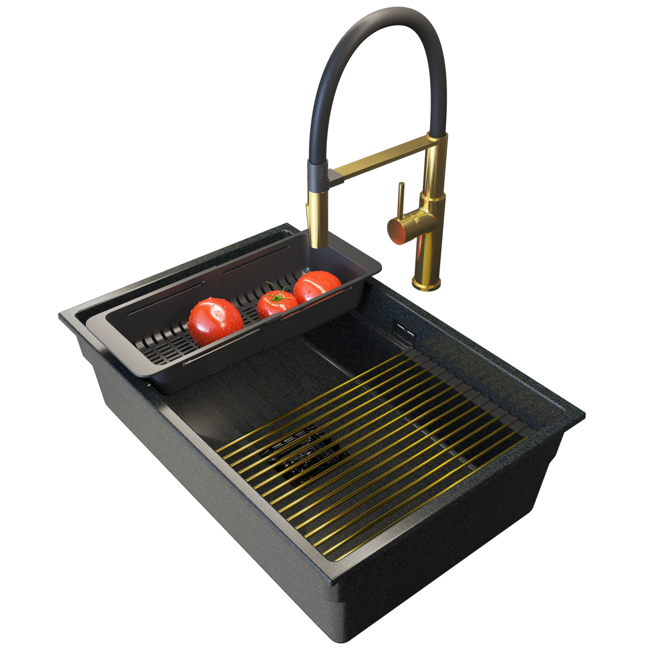 ZLEW GRANITOWY PODWIESZANY CZARNY GOLD ZESTAW BATERIA SYFON EPIR 70