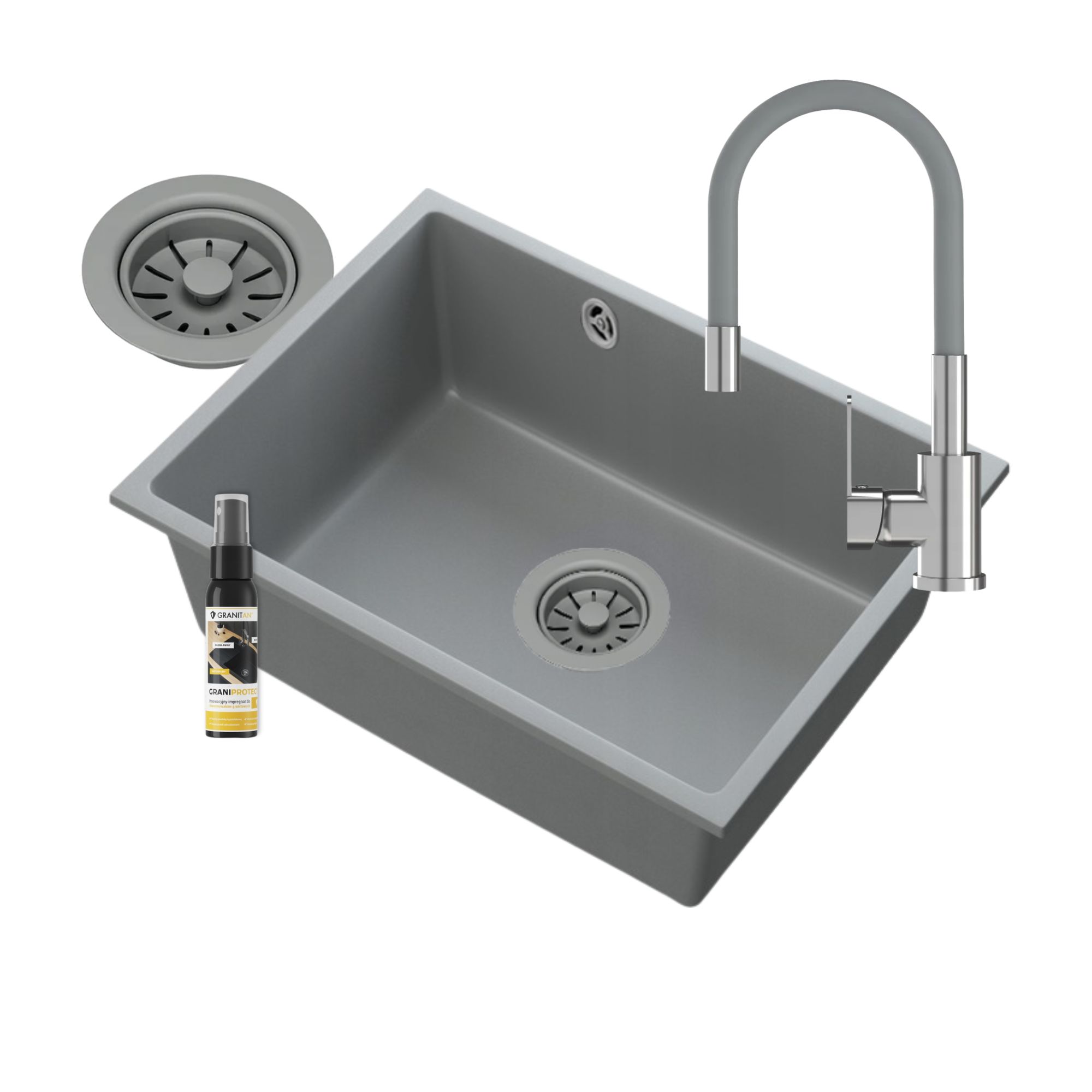 Zlewozmywak granitowy podblatowy MANADO 60 szary Zestaw bateria