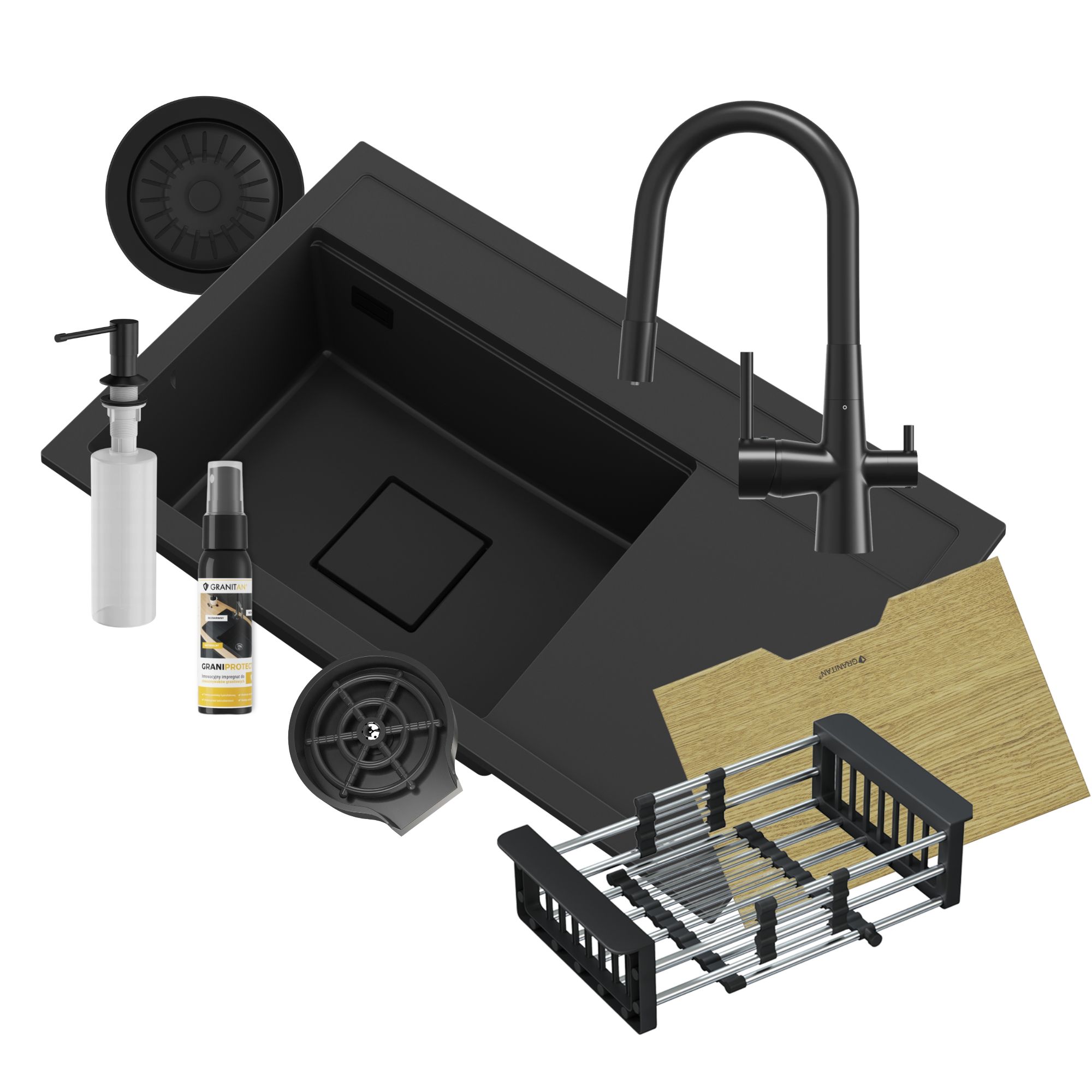Zlew granitowy czarny Rendo ZESTAW bateria trójdrożna ociekarka deska myjka