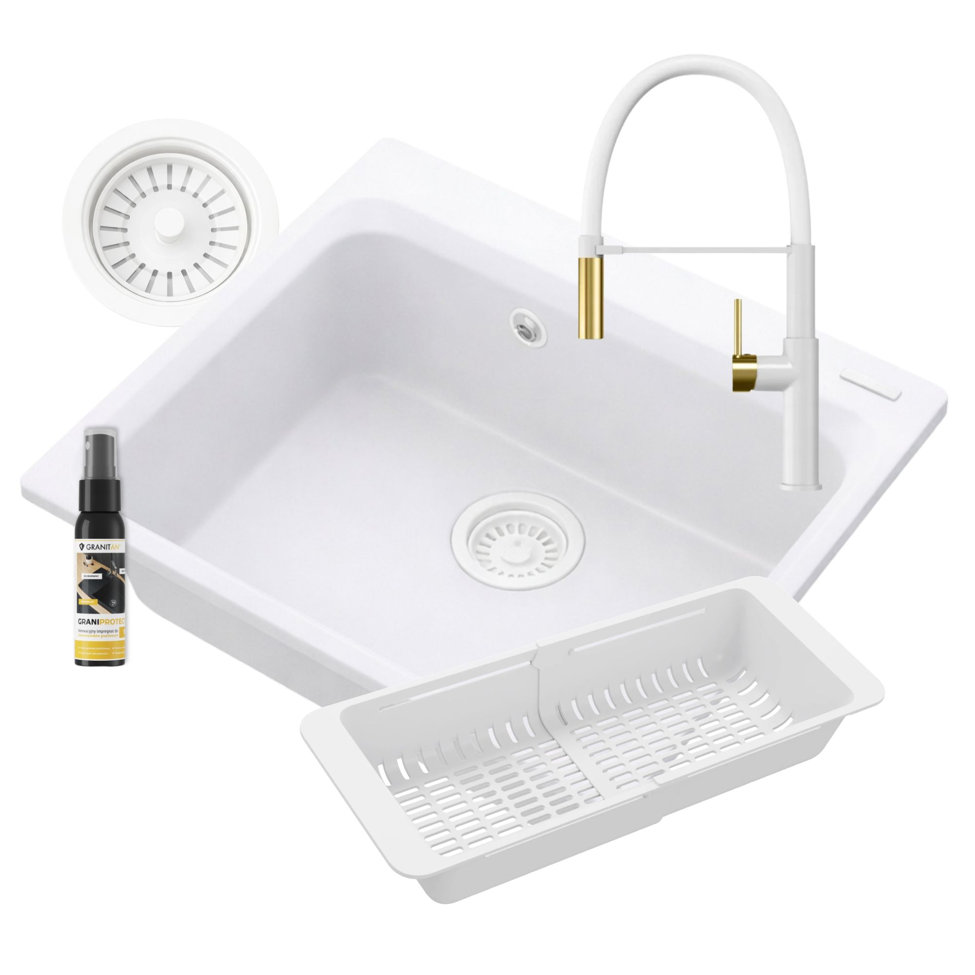 Zlewozmywak granitowy ZANTE zlew biały zestaw bateria SORIA syfon koszyk