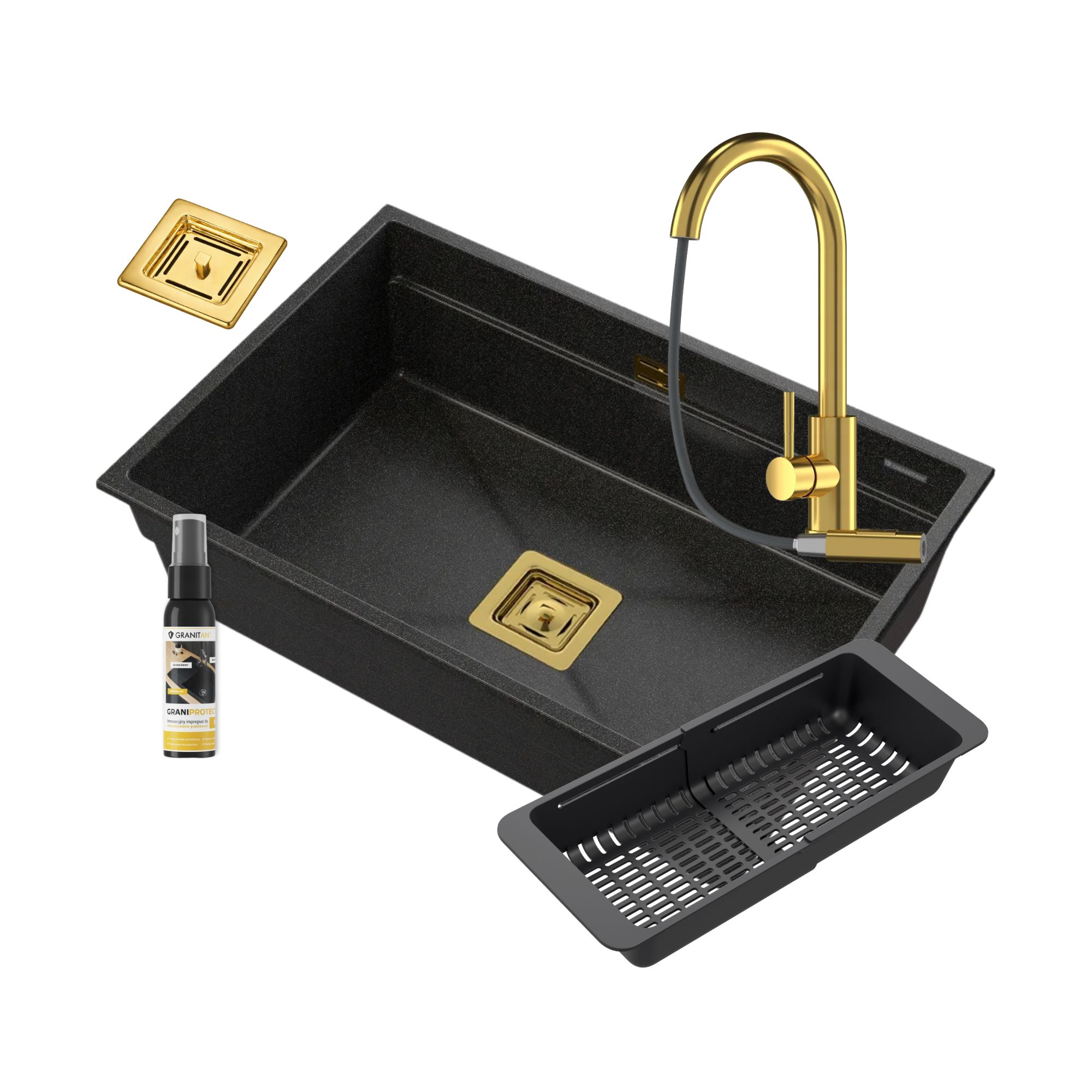 Zlew granitowy podwieszany jednokomorowy EPIR70 Bateria Loseto Syfon Koszyk