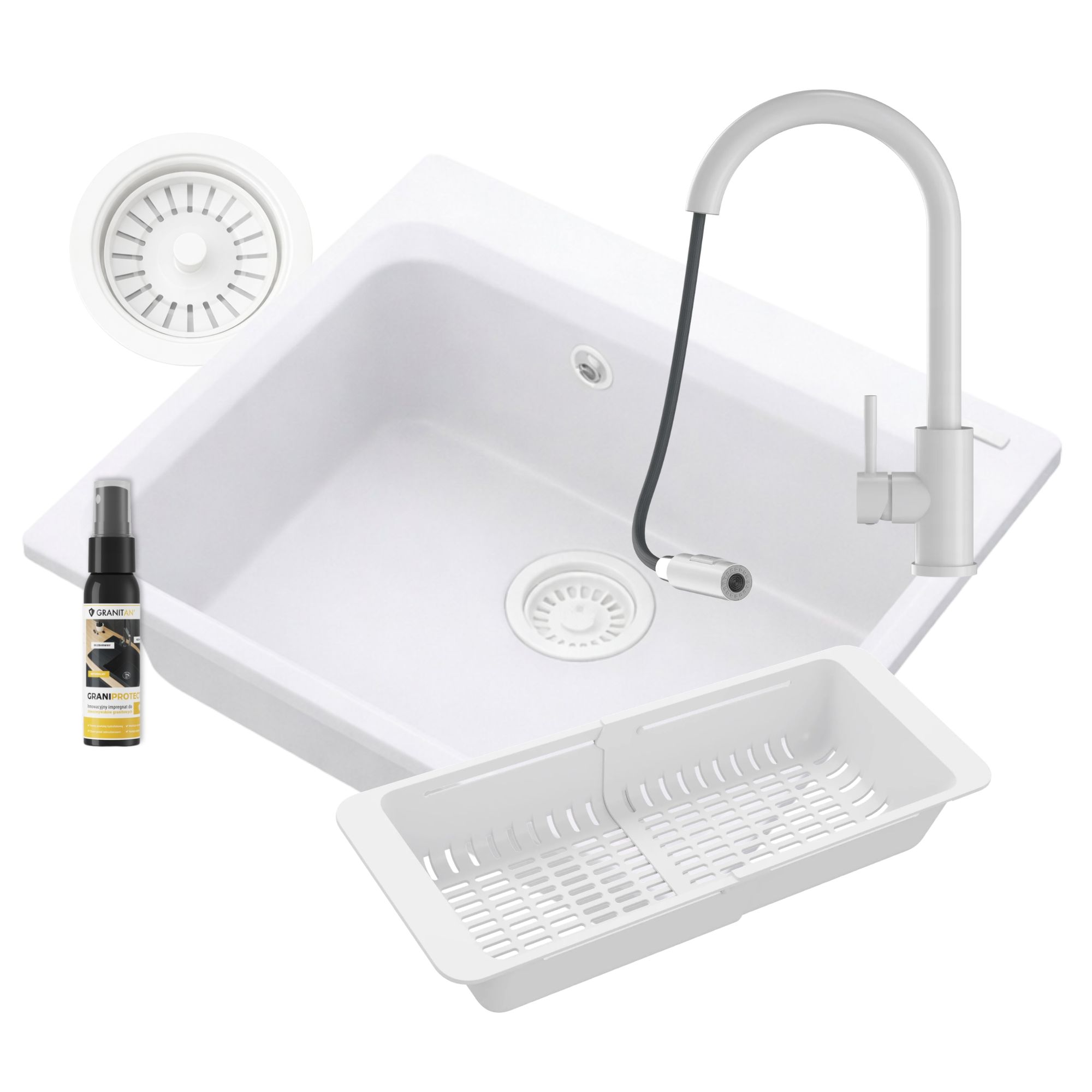 Zlewozmywak granitowy ZANTE zlew biały zestaw bateria LOSETO syfon koszyk