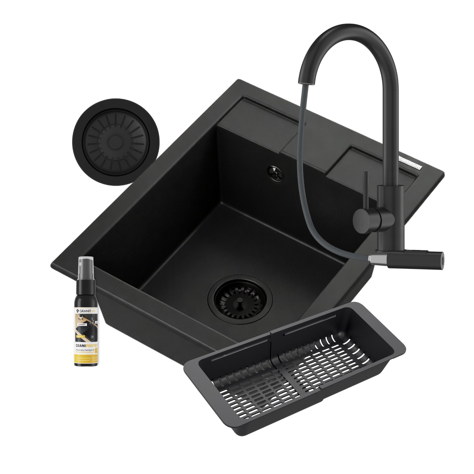 Zlewozmywak granitowy BEST czarny zestaw bateria LOSETO syfon ociekarka