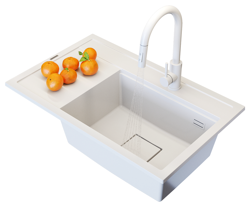 ZLEW GRANITOWY BIAŁY BATERIA KUCHENNA NOWOCZESNY ZESTAW RENDO KOMORA PRAWA