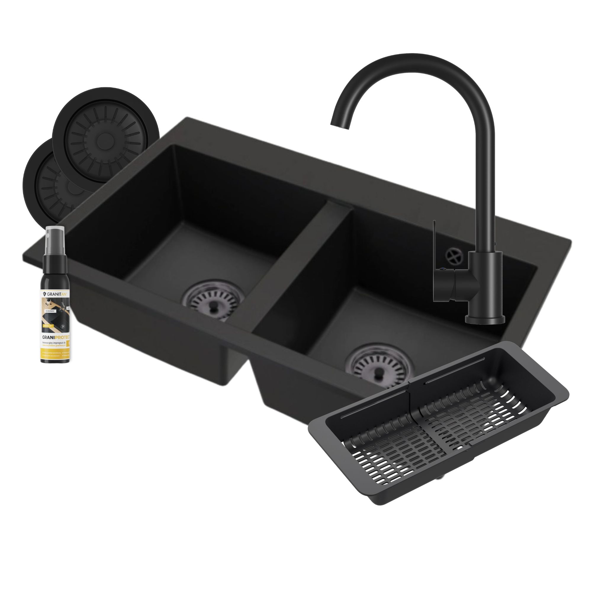 Zlewozmywak granitowy dwukomorowy DUET zestaw CZARNY SYFON PRESTIGE PLUS