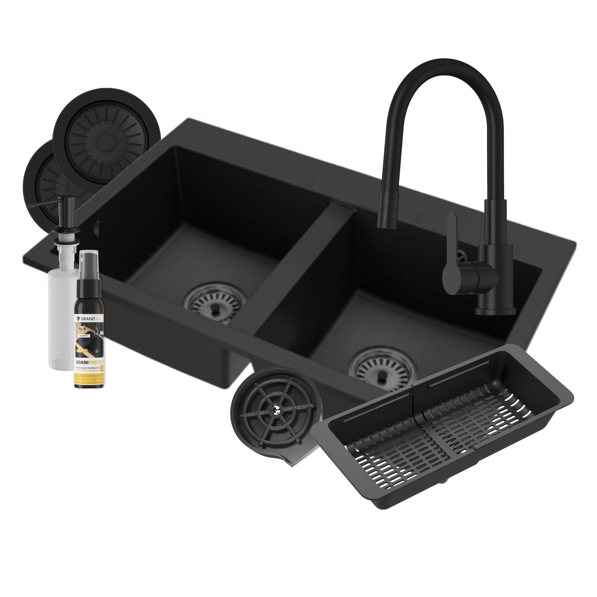 Zlewozmywak granitowy dwukomorowy DUET zestaw CZARNY Bateria syfon myjka