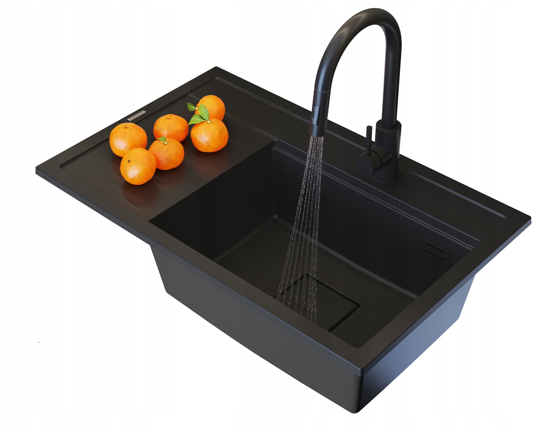 ZLEW GRANITOWY CZARNY BATERIA KUCHENNA NOWOCZESNY ZESTAW RENDO KOMORA PRAWA