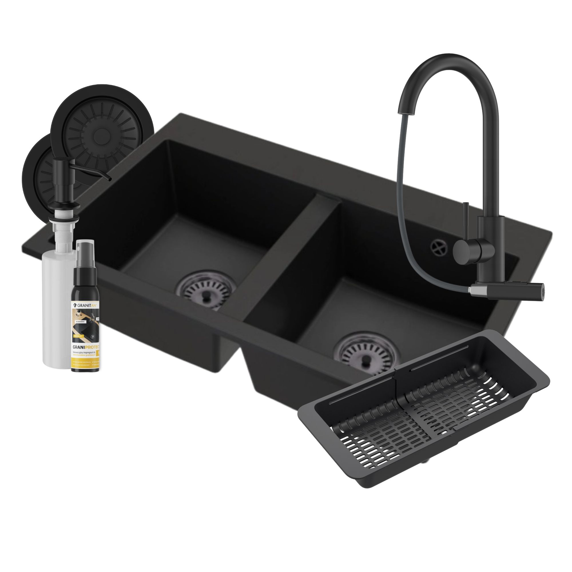 Zlewozmywak granitowy dwukomorowy DUET zestaw CZARNY SYFON Bateria LOSETO