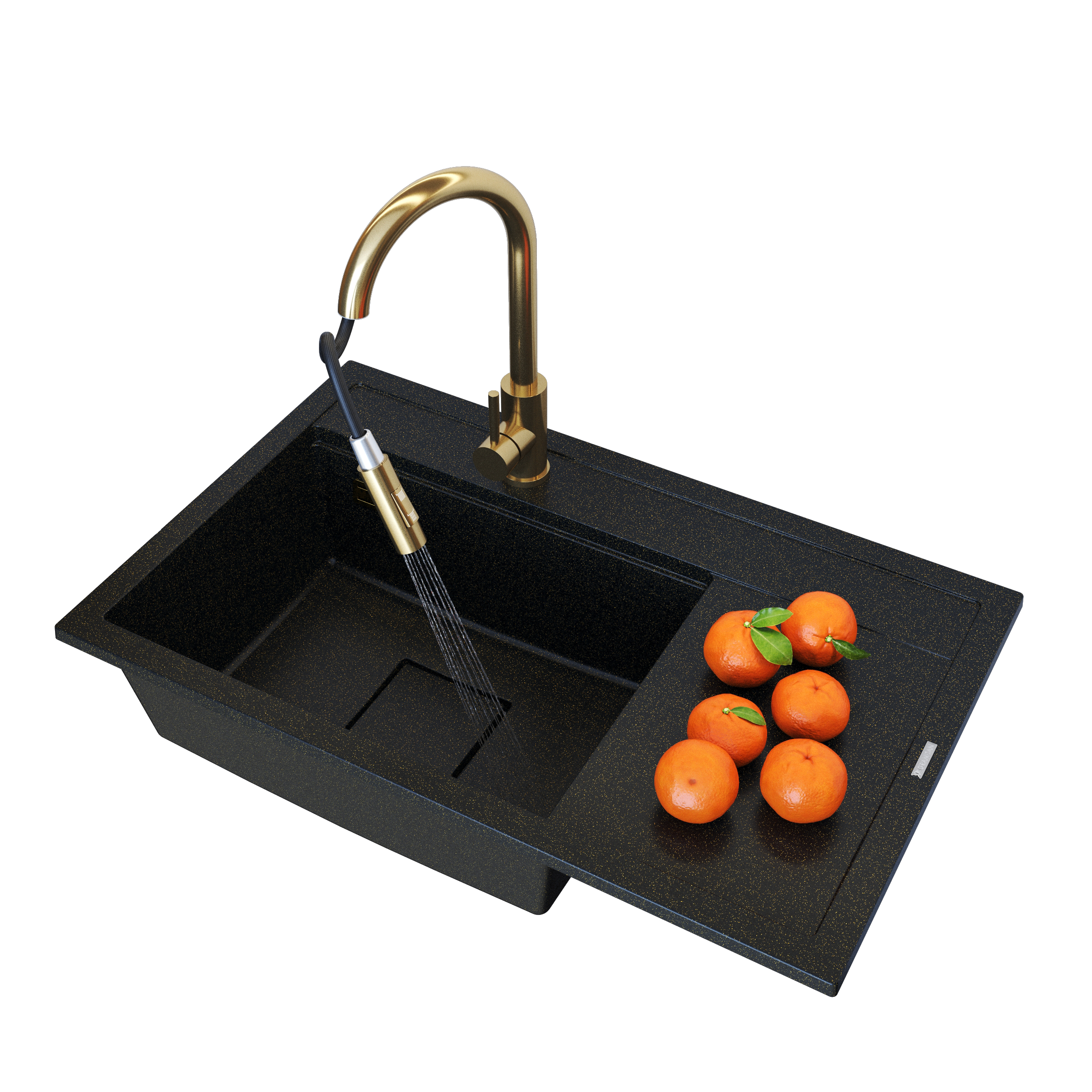 ZLEW GRANITOWY CZARNY Z DROBINKAMI ZŁOTA BATERIA KUCHENNA ZESTAW RENDO KOMORA PRAWA