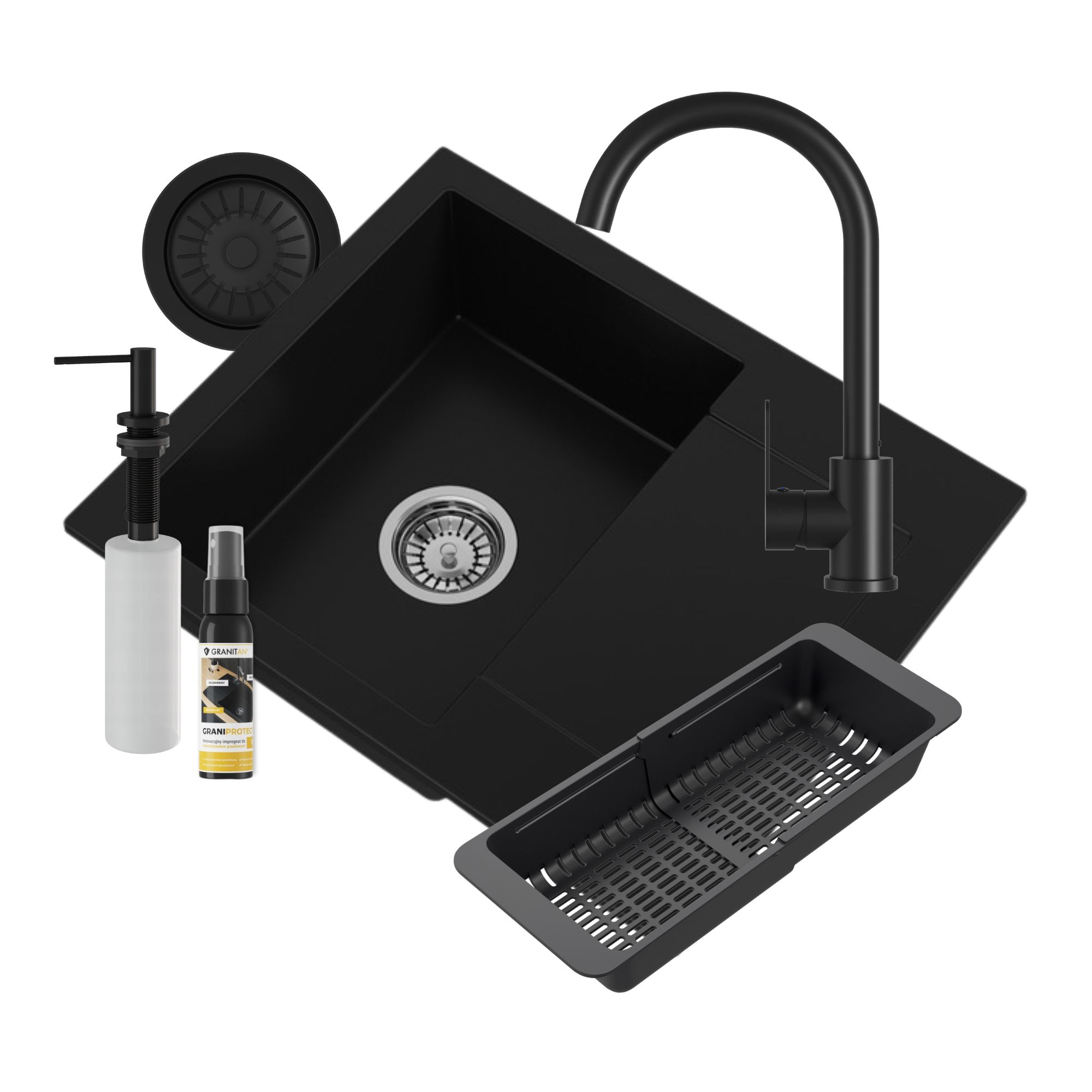 Zlew granitowy jednokomorowy BELLO czarny Zestaw Bateria Syfon Dozownik 6w1